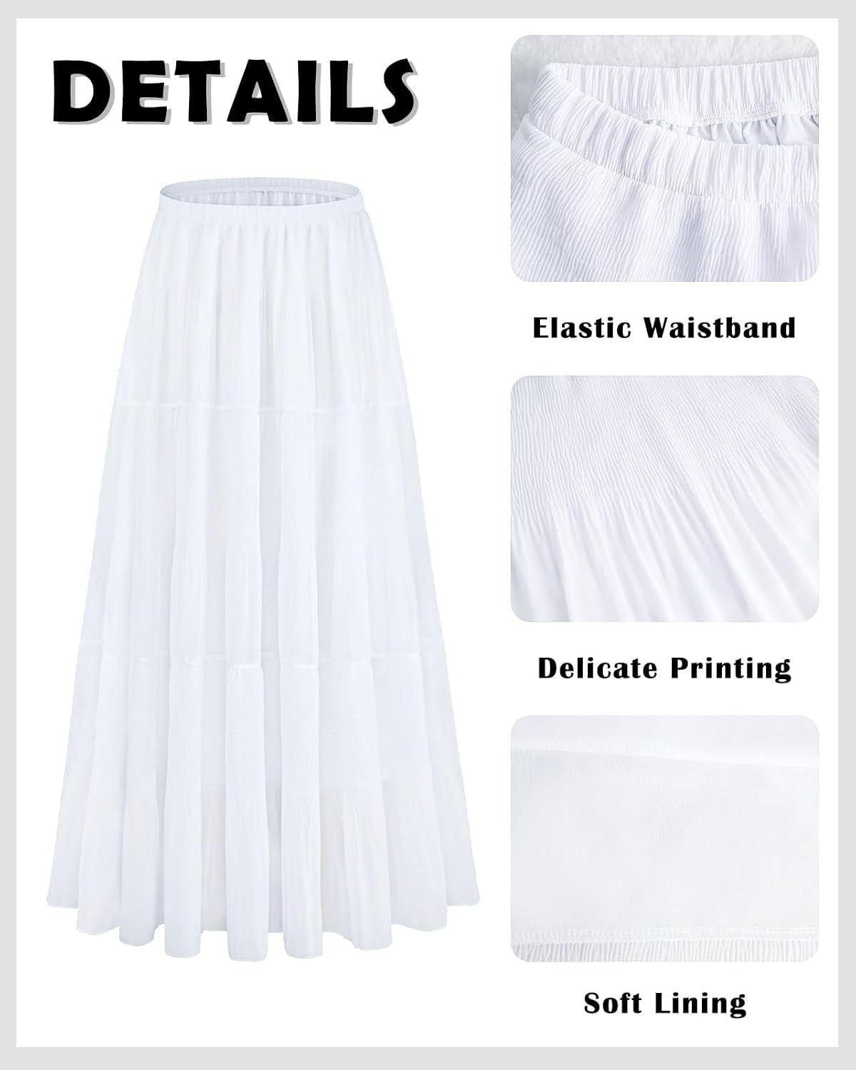 Women's Chiffon Pleated Maxi Skirt High Waist White Long Skirts