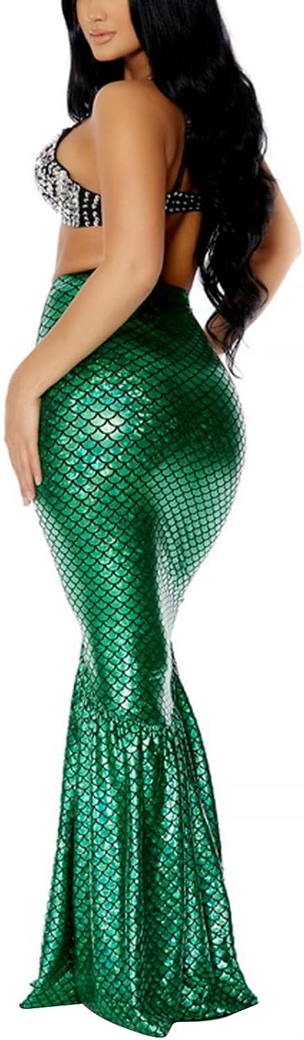Women's Halloween Mermaid Costume Skirt Sexy High Waisted Fish Tail Skirt Cosplay Fancy Sequins Fishtail Long Skirt