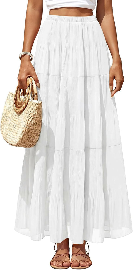 Women's Chiffon Pleated Maxi Skirt High Waist White Long Skirts
