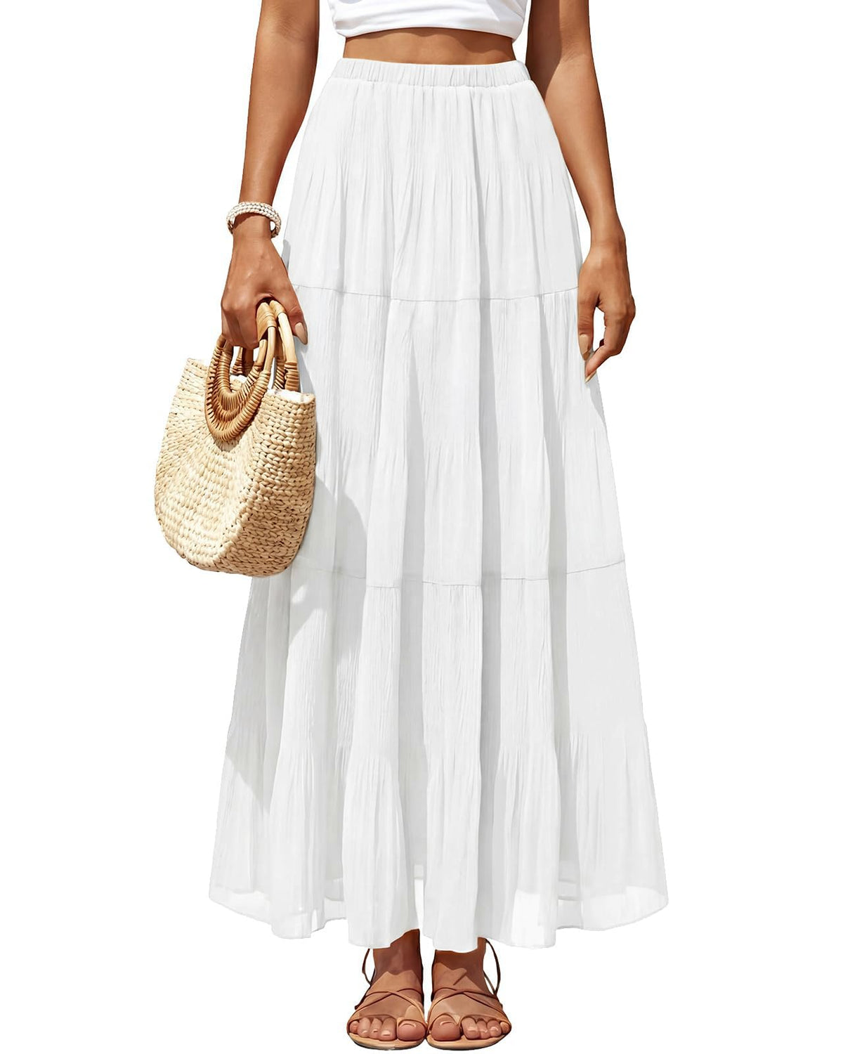 Women's Chiffon Pleated Maxi Skirt High Waist White Long Skirts