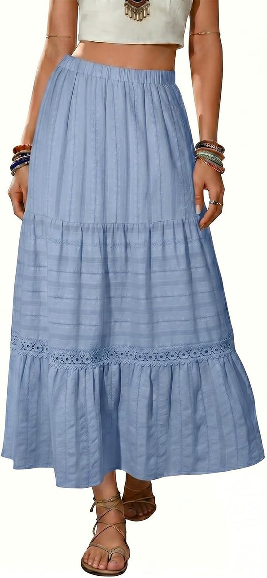 BLENCOT Women's Boho Tiered High Waisted Cotton Long Flowy Skirt