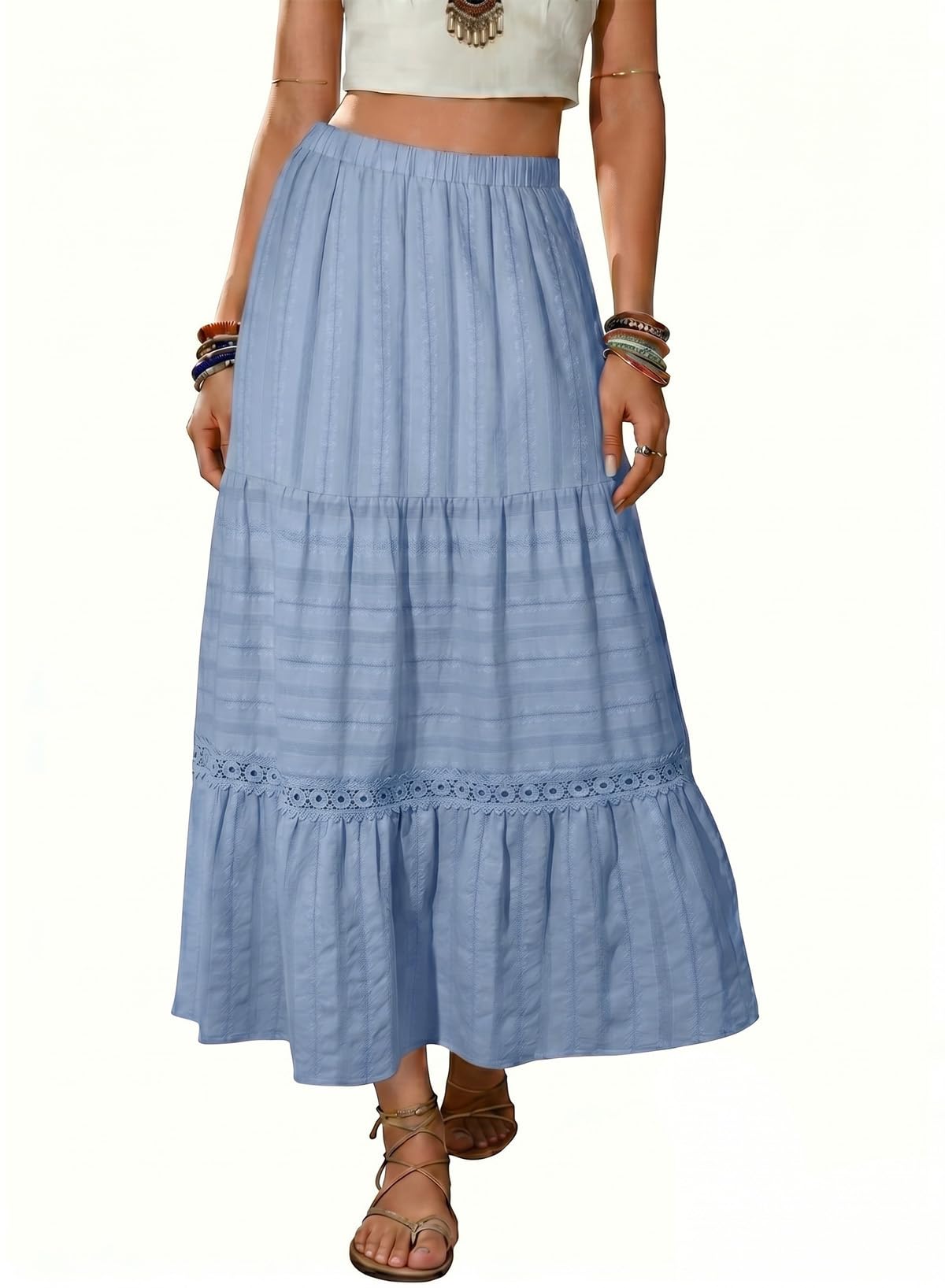 BLENCOT Women's Boho Tiered High Waisted Cotton Long Flowy Skirt