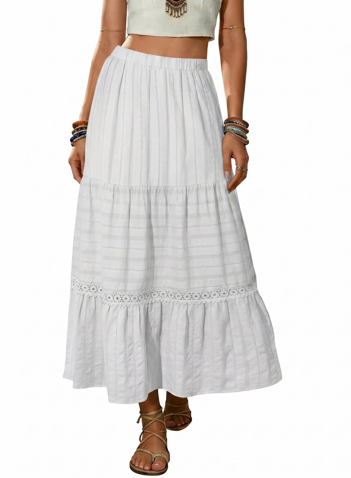 BLENCOT Women's Boho Tiered High Waisted Cotton Long Flowy Skirt