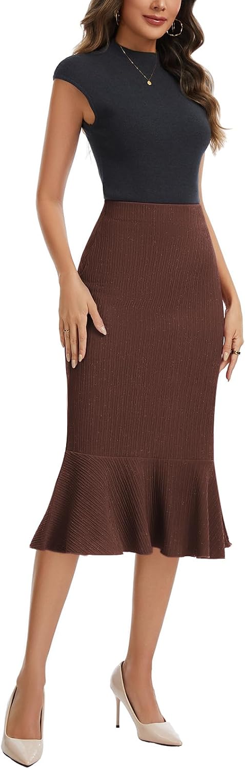 Women's High Waist Ribbed Midi Skirt with Shimmer Threads Flared Ruffle Hem Bodycon Pencil Skirt