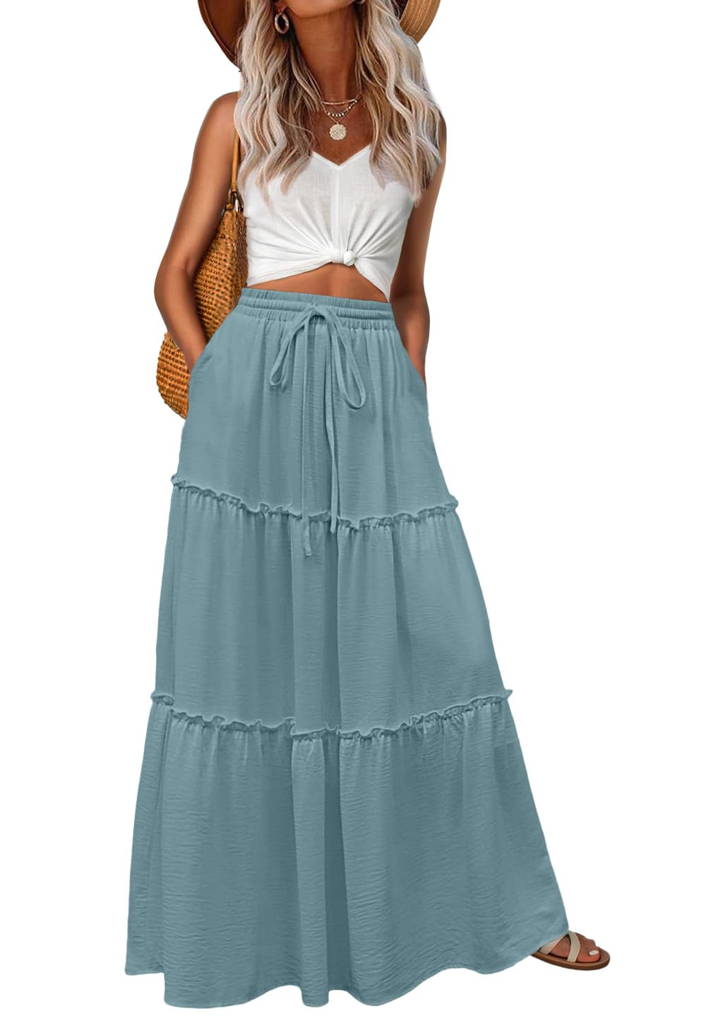 Lepunuo Womens Casual Boho High Waisted Flowy Maxi Skirts Tiered Floral Long Skirts with Pockets for Summer Beach Vacation