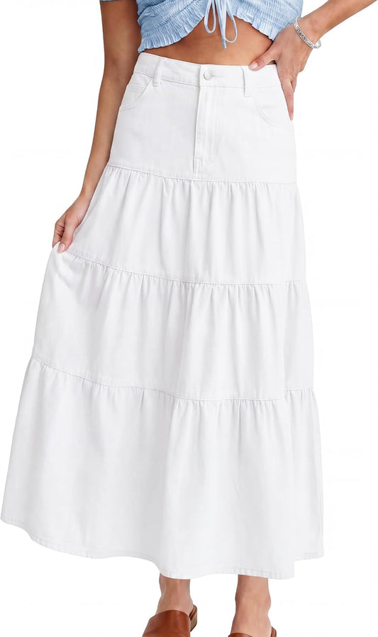 Womens Long Denim Skirt Tiered High Elastic Waist Jean Maxi Skirts