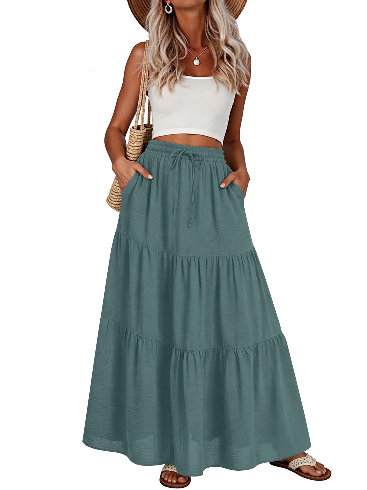Addtoo Womens Maxi Skirt Pleated Tiered A-Line Elastic Waist Midi Skirt