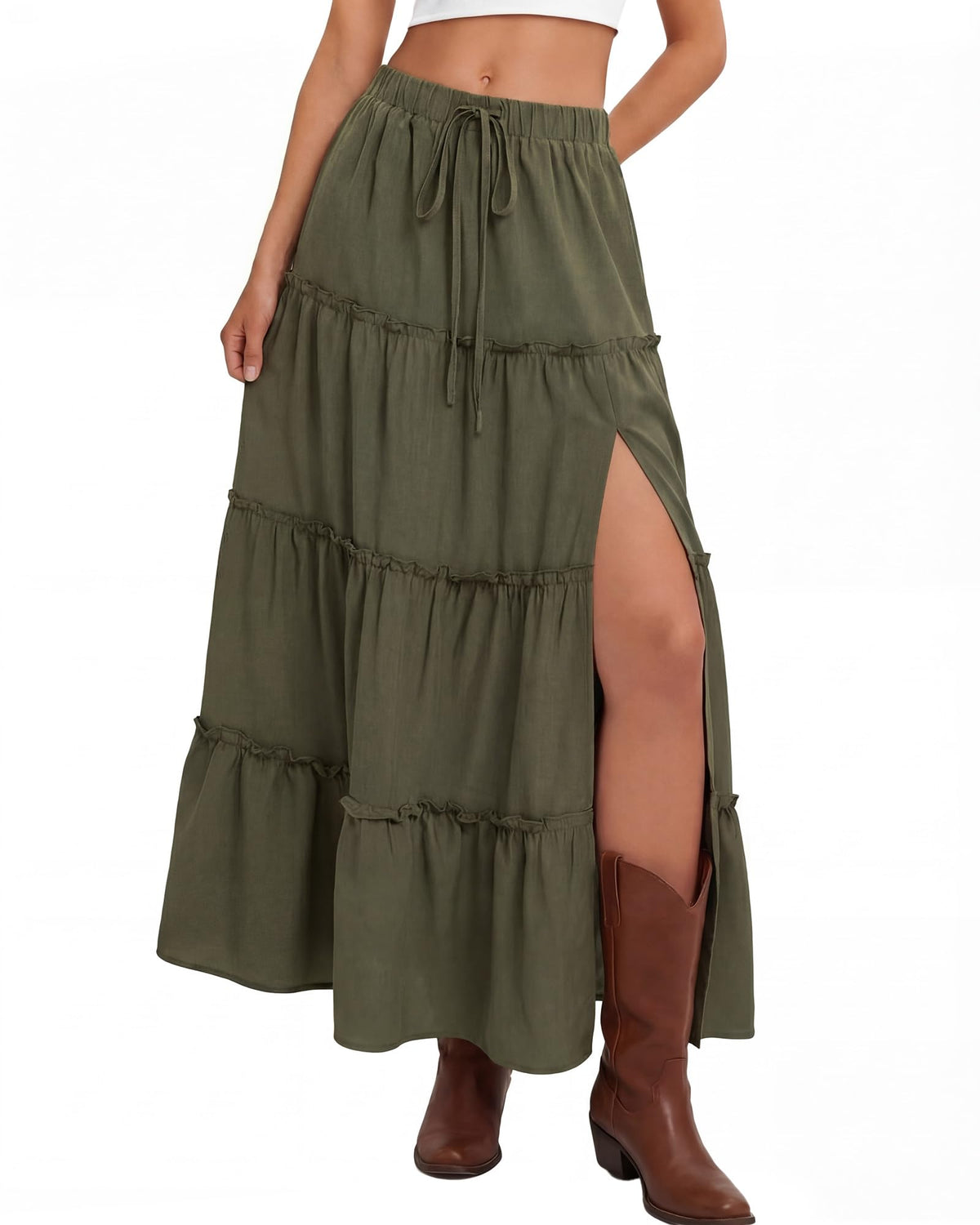 Cutecrop Womens Tiered Maxi Skirt Elastic Waist Flowy Casual Boho Western Skirts Ruffle High Slit Country Cowgirl Long Skirts