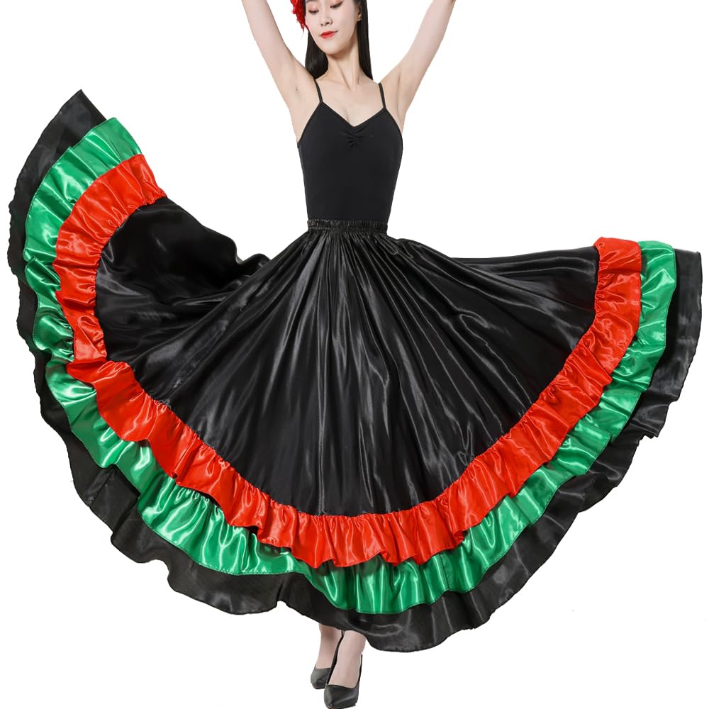 Adult Ruffles Black Red Green Maxi Long Dance Skirt