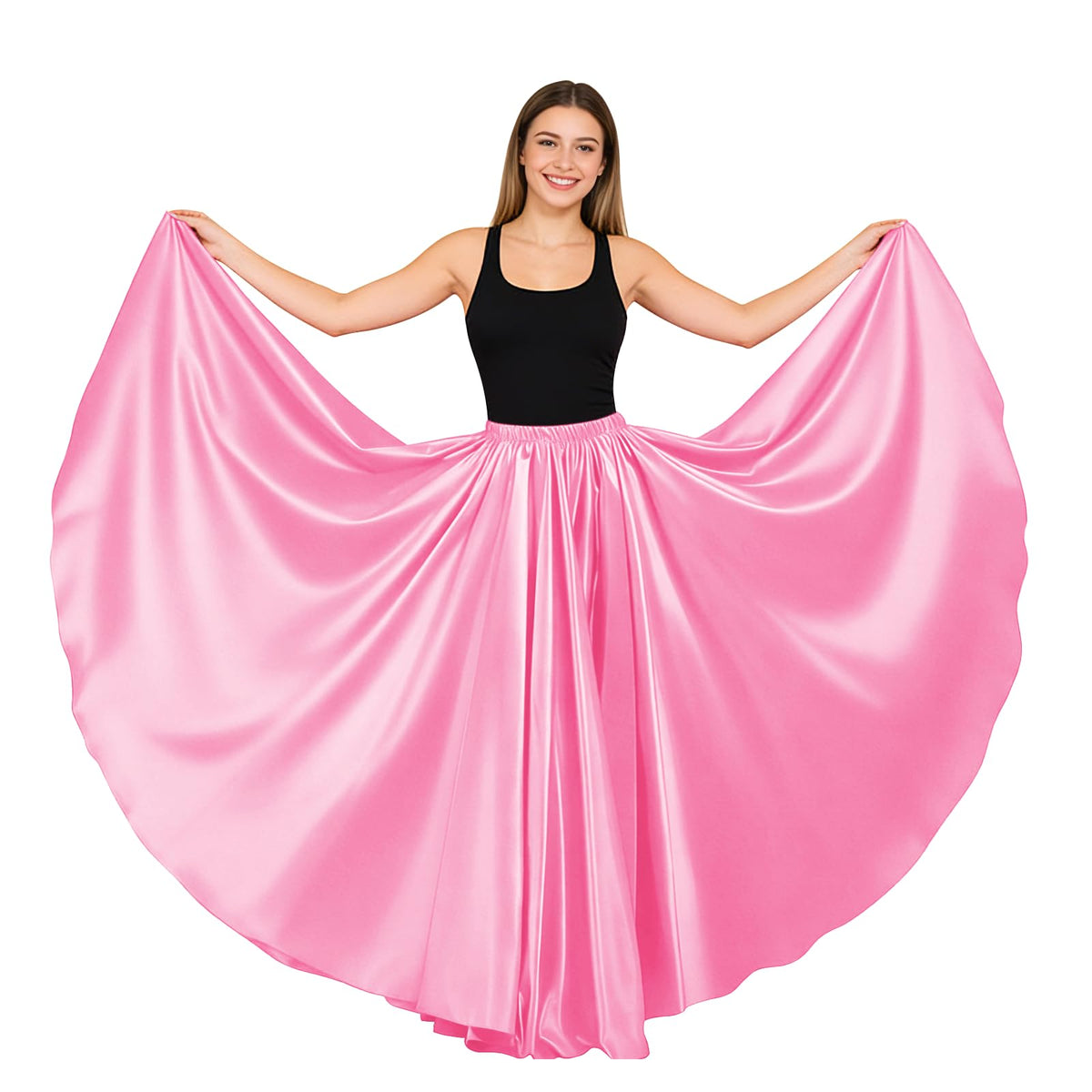 Women Satin Full Circle Ankle Length Swing Long Skirt Maxi Shiny Skirt for Party Cosplay Belly Dance Performance Costume