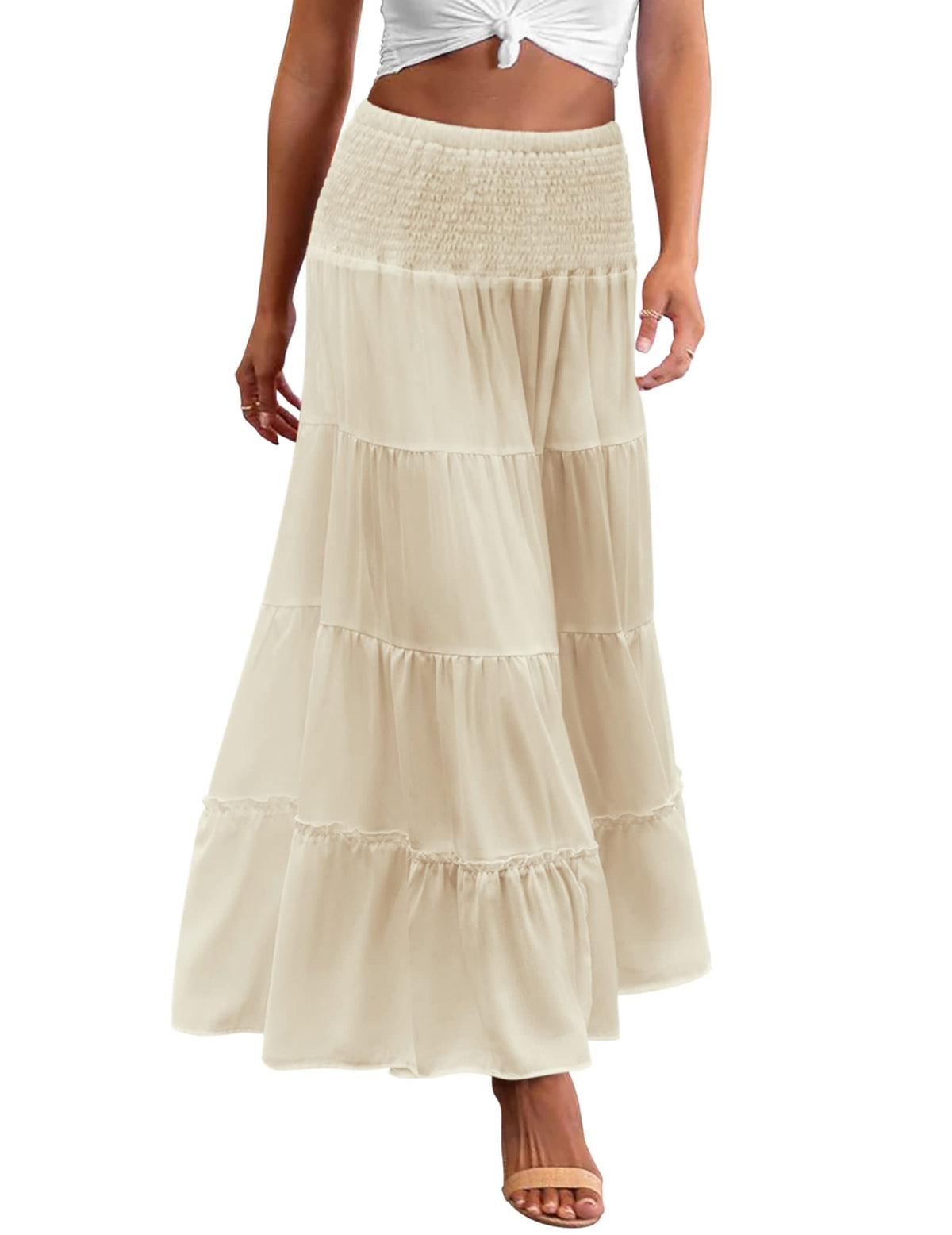 Zeagoo Women's Long Maxi Skirts Tiered Elastic High Waist Boho Double Layered Print A-Line Casual Midi Dress