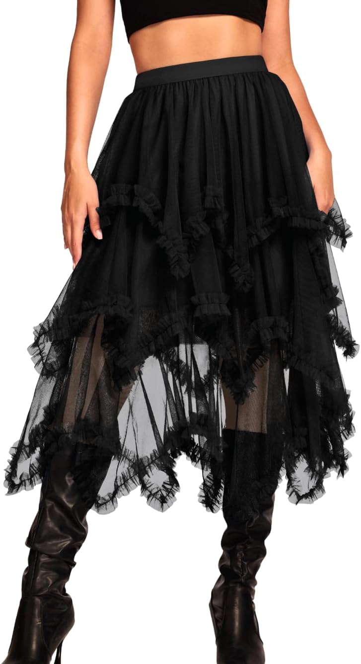 Kaei&Shi Long Tulle Skirt,Asymmetrical Ruffle Hem,Renaissance Fairy Costume