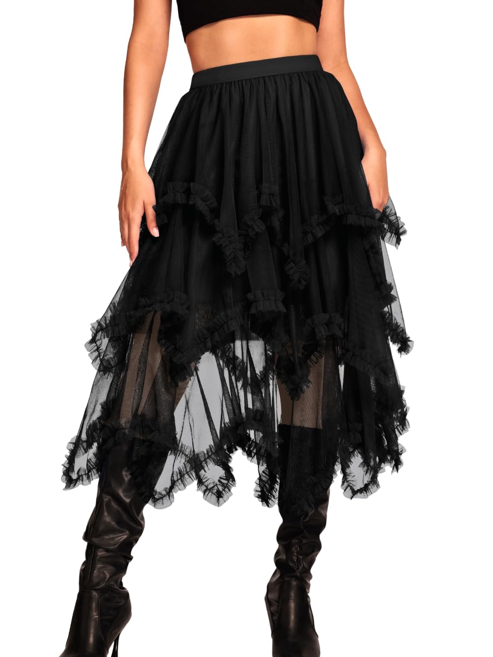 Kaei&Shi Long Tulle Skirt,Asymmetrical Ruffle Hem,Renaissance Fairy Costume