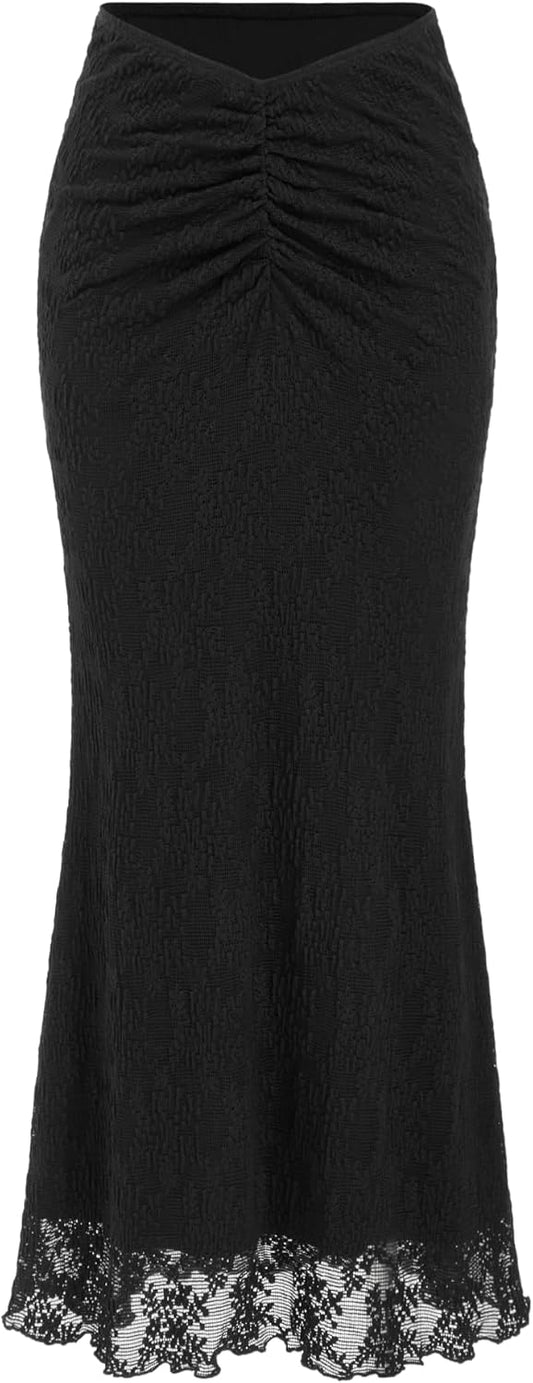 CIDER Maxi Skirts for Women Floral Lace Ruched Bodycon Mesh Skirt Boho Going Out Date Night Summer Outfit