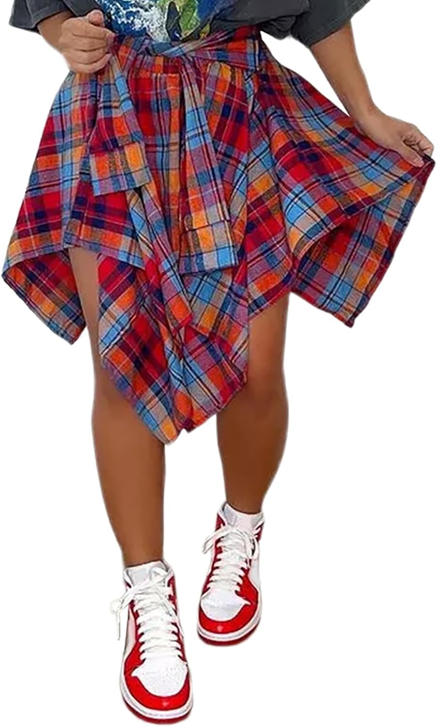 YBSKG Womens Plaid Skirts Elastic High Waist Tie Front Pleated Mini Skirt