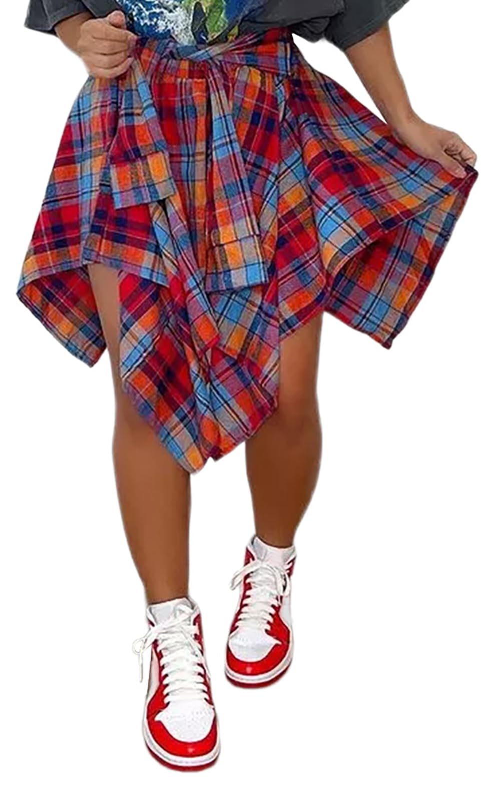 YBSKG Womens Plaid Skirts Elastic High Waist Tie Front Pleated Mini Skirt