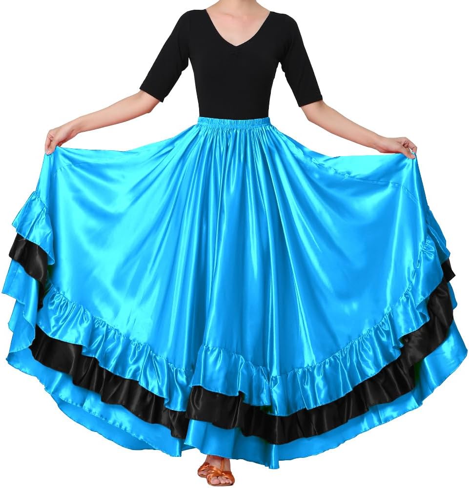 Women Black Red Layers Satin Long Skirt for Spanish Flamenco Belly Dance Mexico Ballet Folklorico Performance