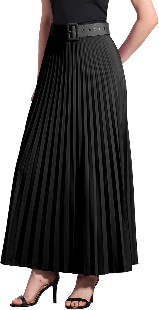 Allegra K Women High Waist Elastic Flowy A-Line Maxi Pleated Skirt