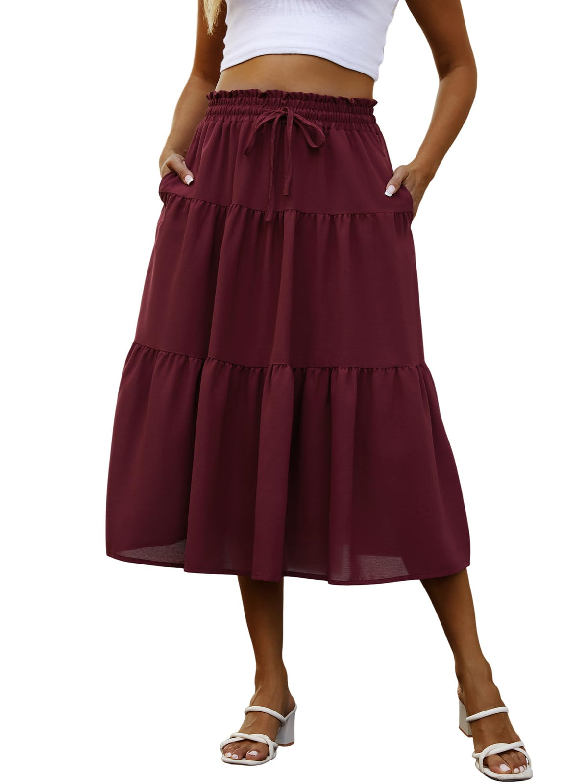 Anbech Womens Boho Midi Skirts A-Line Casual Flowy Elastic High Waist