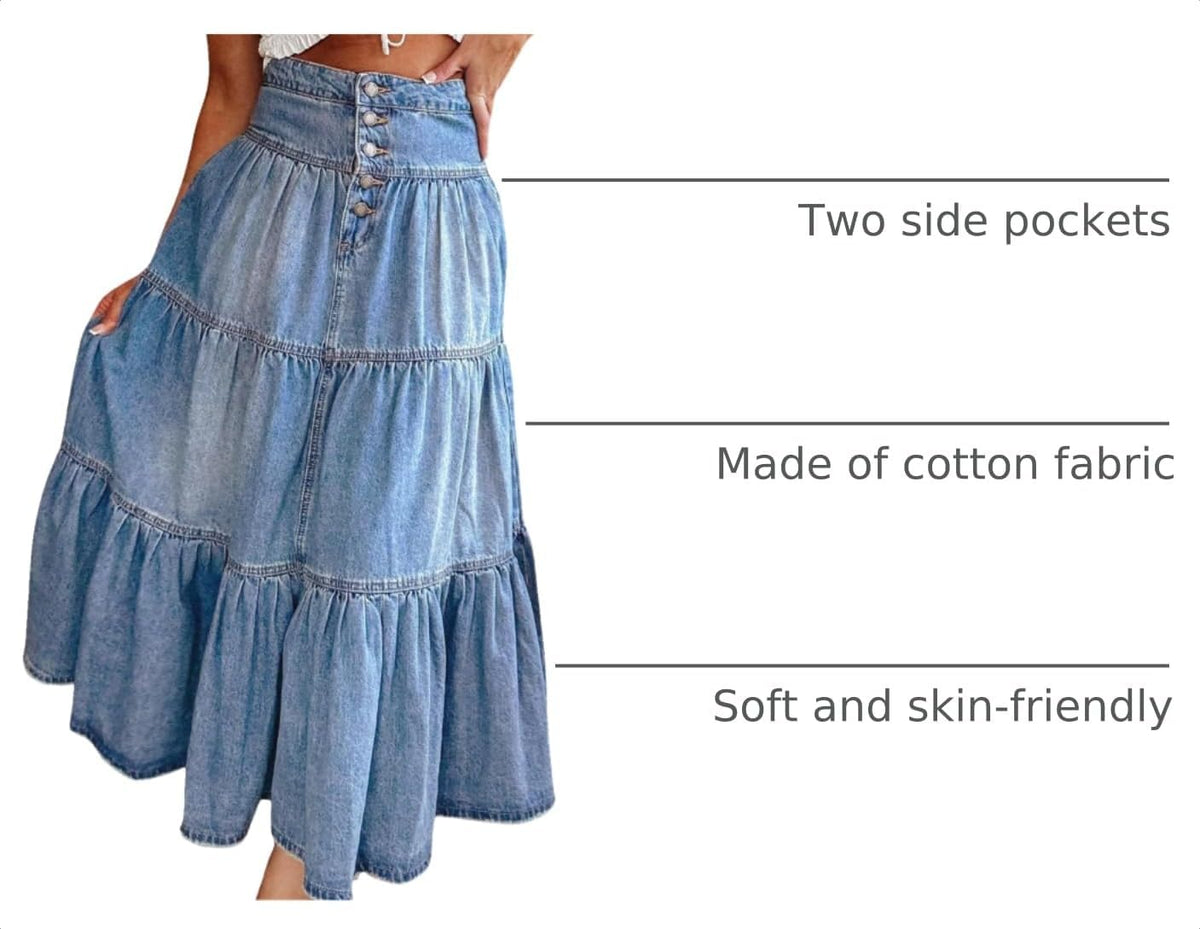 utcoco Women's High Waist Long Denim Skirt Button-Fly Tiered Ruffle Swing A-Line Jean Maxi Skirt with Pockets