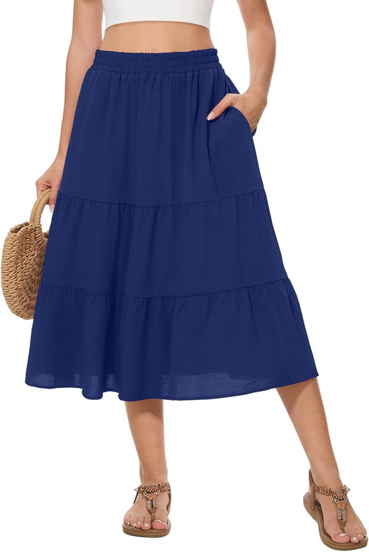 Women's Summer Midi Tiered Flowy High Waist A-Line Casual Skirts