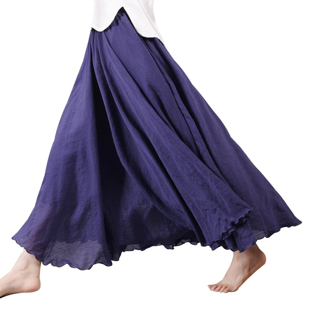 Kafeimali Women Bohemian Cotton Linen Double Layer Elastic Waist Long Maxi Skirt