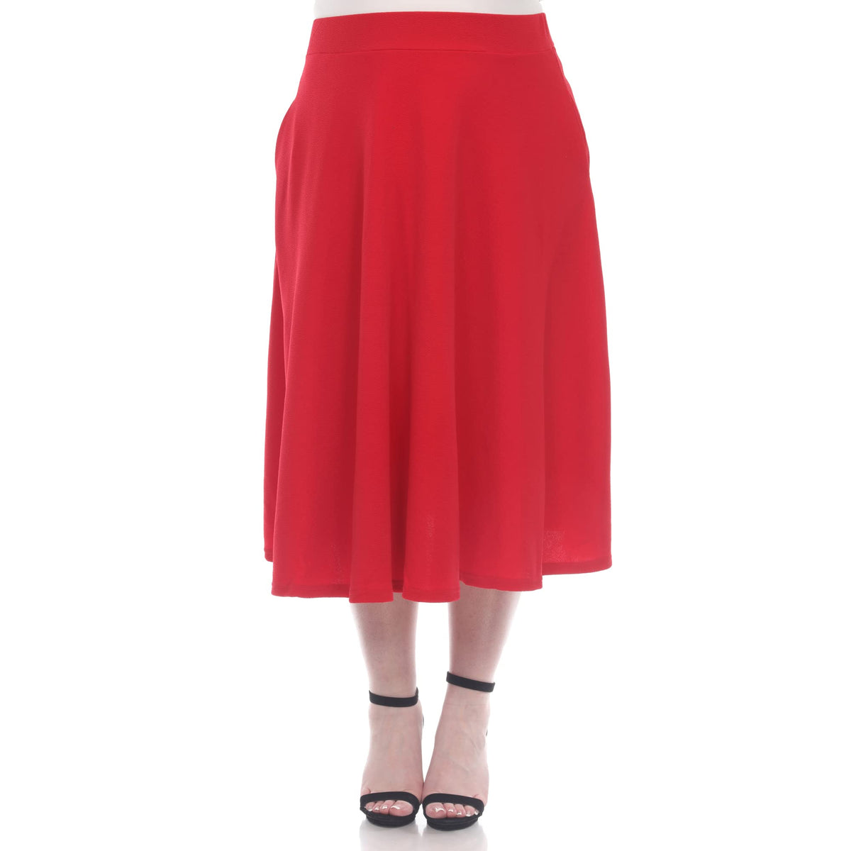 White Women's Plus Size Flared Midi Skirt with Pockets