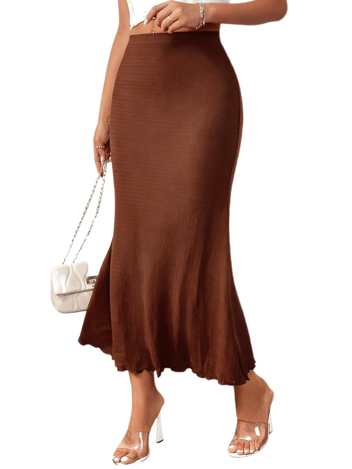Women's Elastic Mermaid Ribbed Knit High Waisted Sexy Bodycon Midi Long Skirt