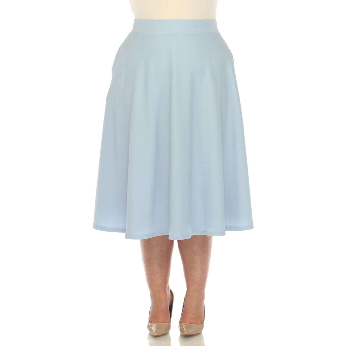 White Women's Plus Size Flared Midi Skirt with Pockets