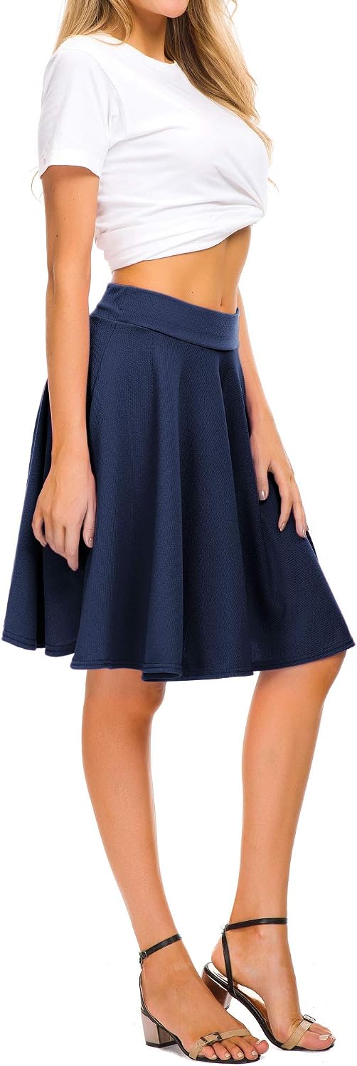 EXCHIC Women's Casual Stretchy Flared Mini Skater Skirt Basic A-Line Pleated Midi Skirt