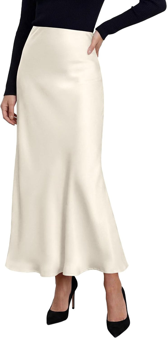 PRETTYGARDEN Women's Silk Satin Maxi Skirts Fall Clothes