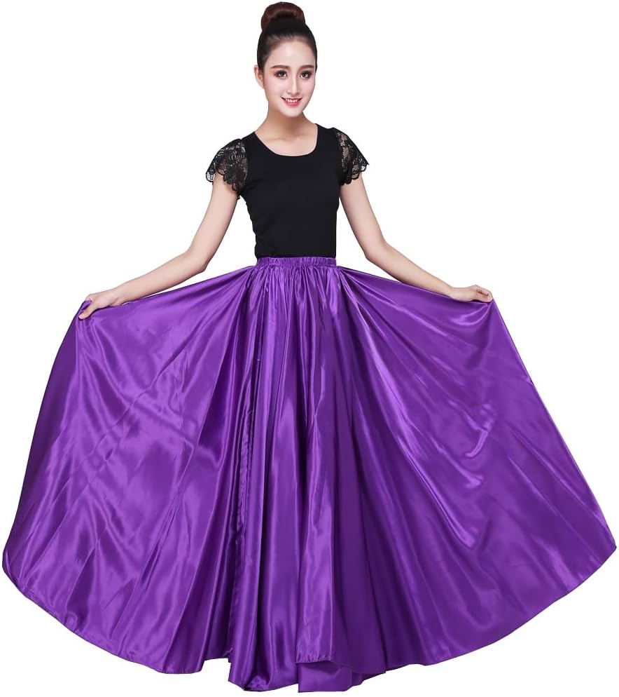 Women 38" Long Satin Full Shiny Maxi Skirt - Perfect for Latin, Belly Dance Performance Cosplay Show Party & Travel