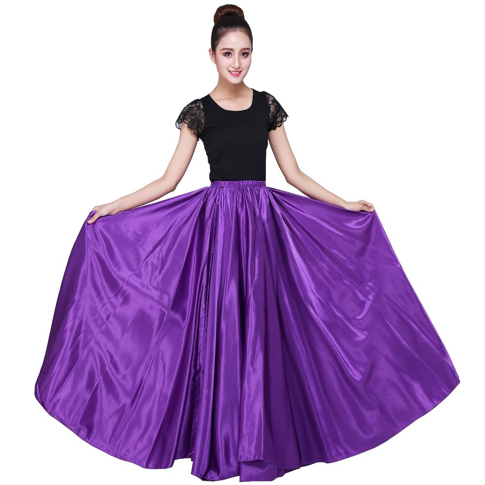 Women 38" Long Satin Full Shiny Maxi Skirt - Perfect for Latin, Belly Dance Performance Cosplay Show Party & Travel