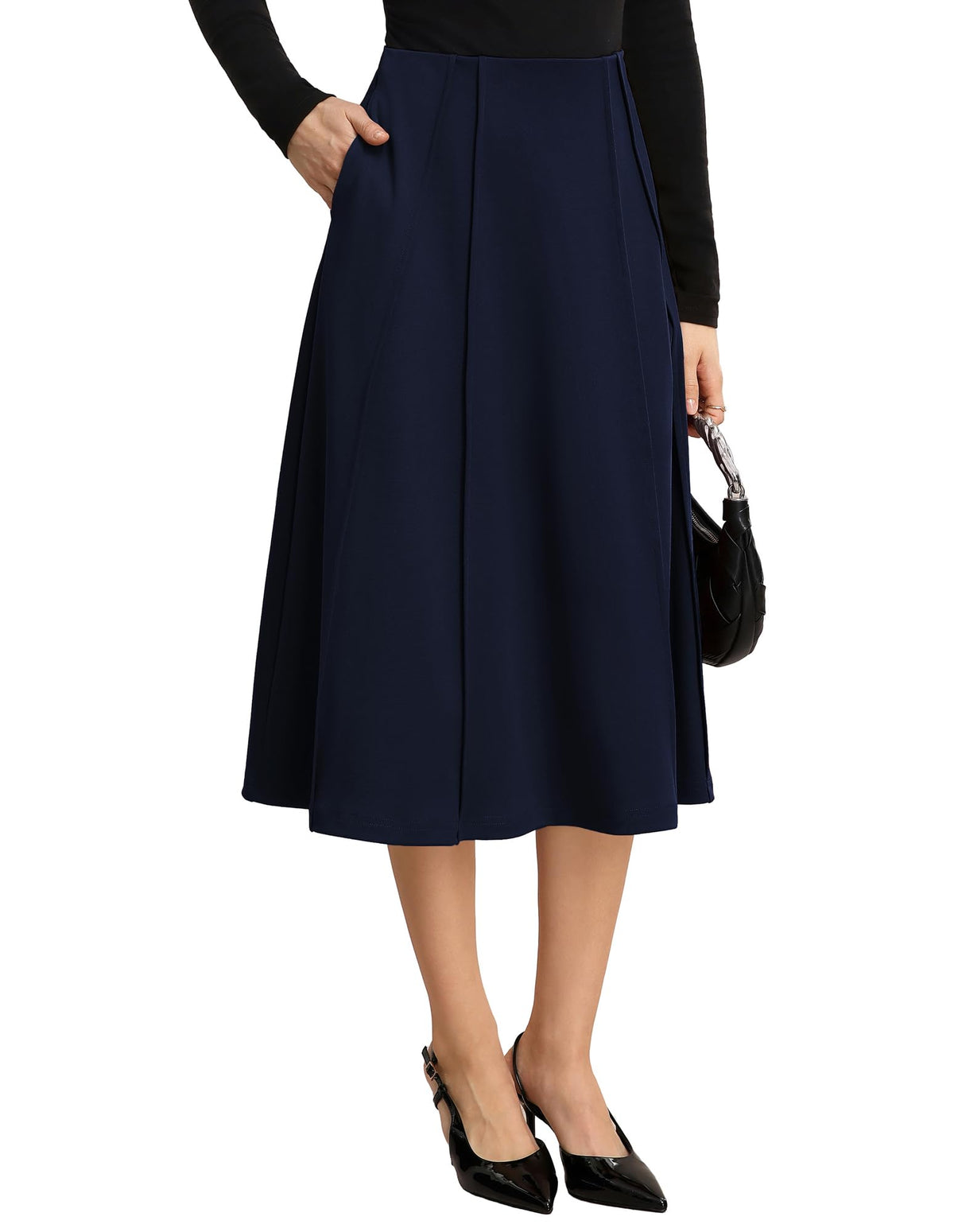 Kate Kasin Women's Midi A Line High Waisted Flowy Skirts with Pockets
