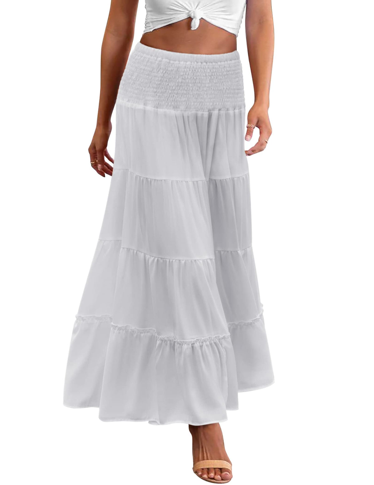 Zeagoo Women's Long Maxi Skirts Tiered Elastic High Waist Boho Double Layered Print A-Line Casual Midi Dress