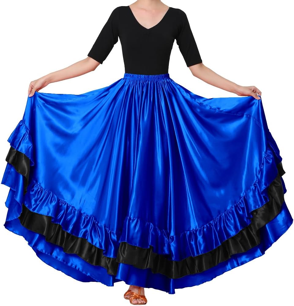 Women Black Red Layers Satin Long Skirt for Spanish Flamenco Belly Dance Mexico Ballet Folklorico Performance