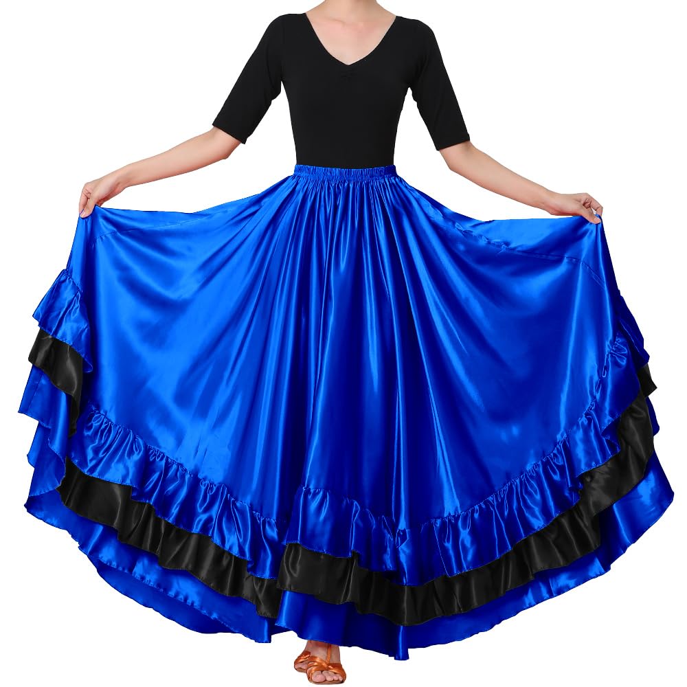 Women Black Red Layers Satin Long Skirt for Spanish Flamenco Belly Dance Mexico Ballet Folklorico Performance