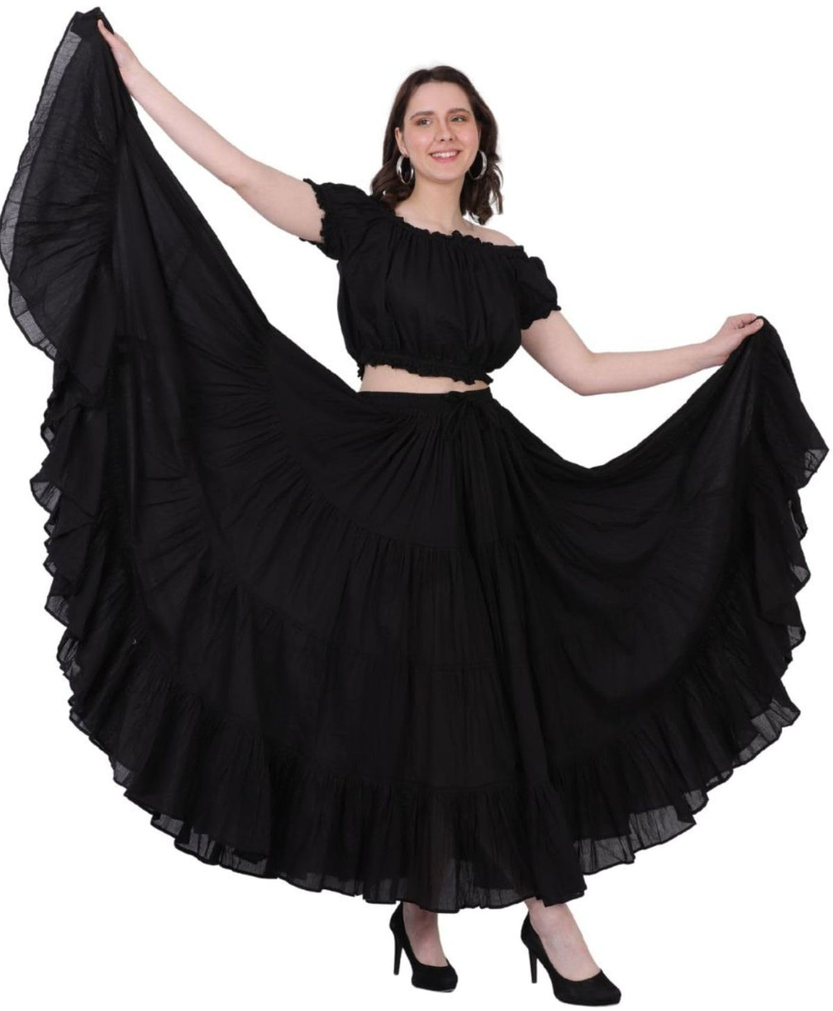 Wevez® Women's Plus Size Maxi Skirt Gypsy 25 Yard Long Flowy Solid Color Cotton Renaissance Skirt