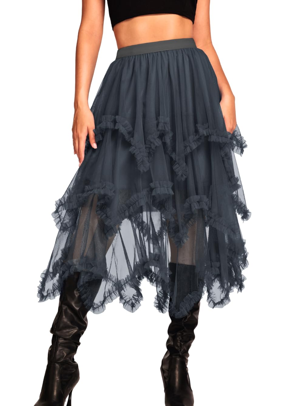 Kaei&Shi Long Tulle Skirt,Asymmetrical Ruffle Hem,Renaissance Fairy Costume