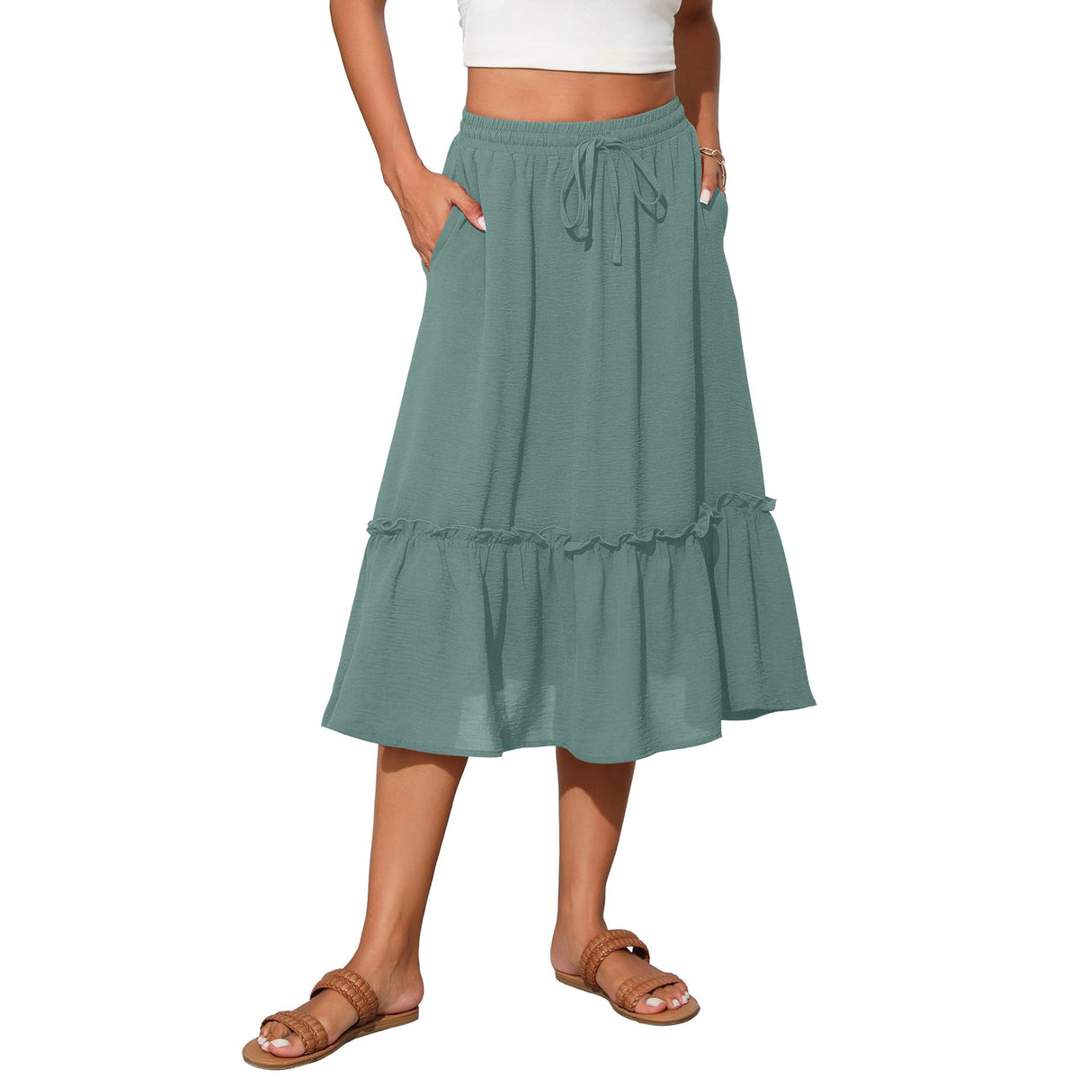 Witsmile Womens High Waist Tiered Midi Skirt Flowy Long Length with Pockets