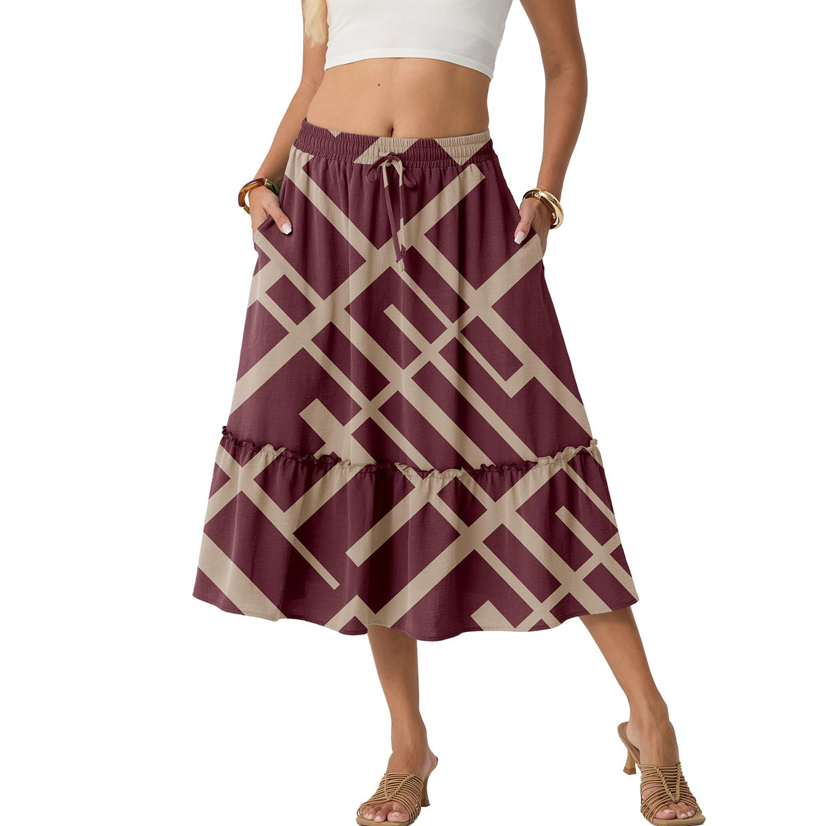 FREEOAK Skirts for Women High Waisted Tiered A Line Midi Skirt Knee Length Summer Skirts Drawstring with Pockets