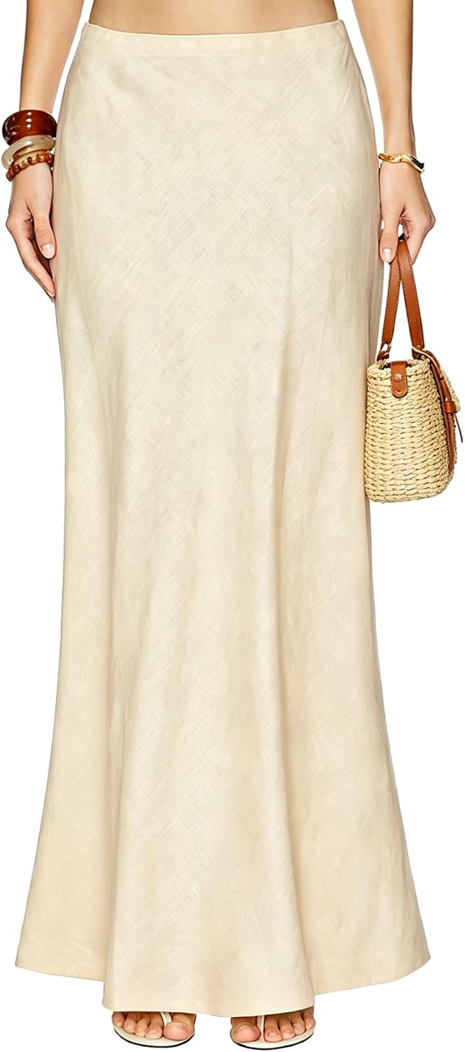 Linen Maxi Skirts Elastic Waist Flared 2026 Spring Summer White Long Linen Skirts for Women Ankle-Length Skirt