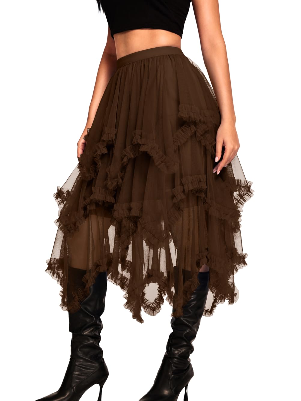 Kaei&Shi Long Tulle Skirt,Asymmetrical Ruffle Hem,Renaissance Fairy Costume