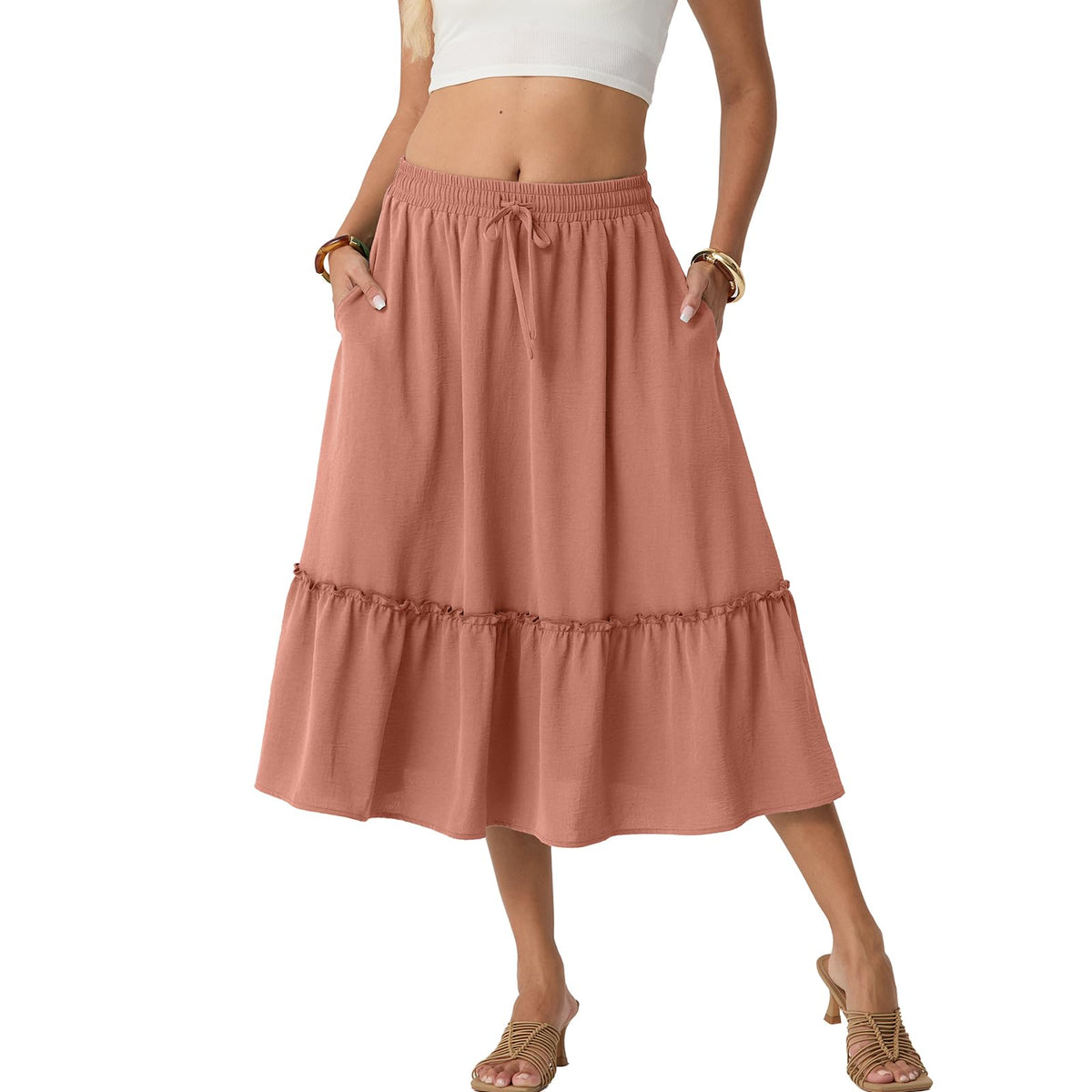 FREEOAK Skirts for Women High Waisted Tiered A Line Midi Skirt Knee Length Summer Skirts Drawstring with Pockets