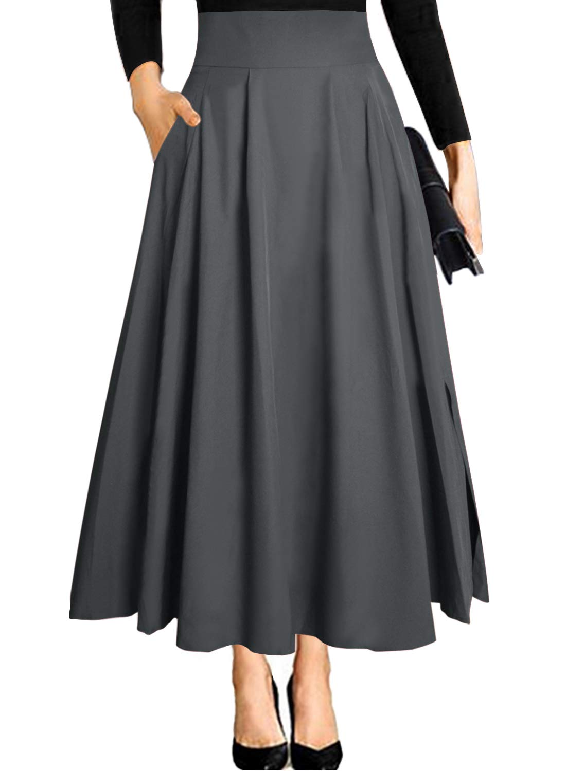 RANPHEE Women's Ankle Length High Waist A-line Flowy Long Maxi Skirt with Pockets
