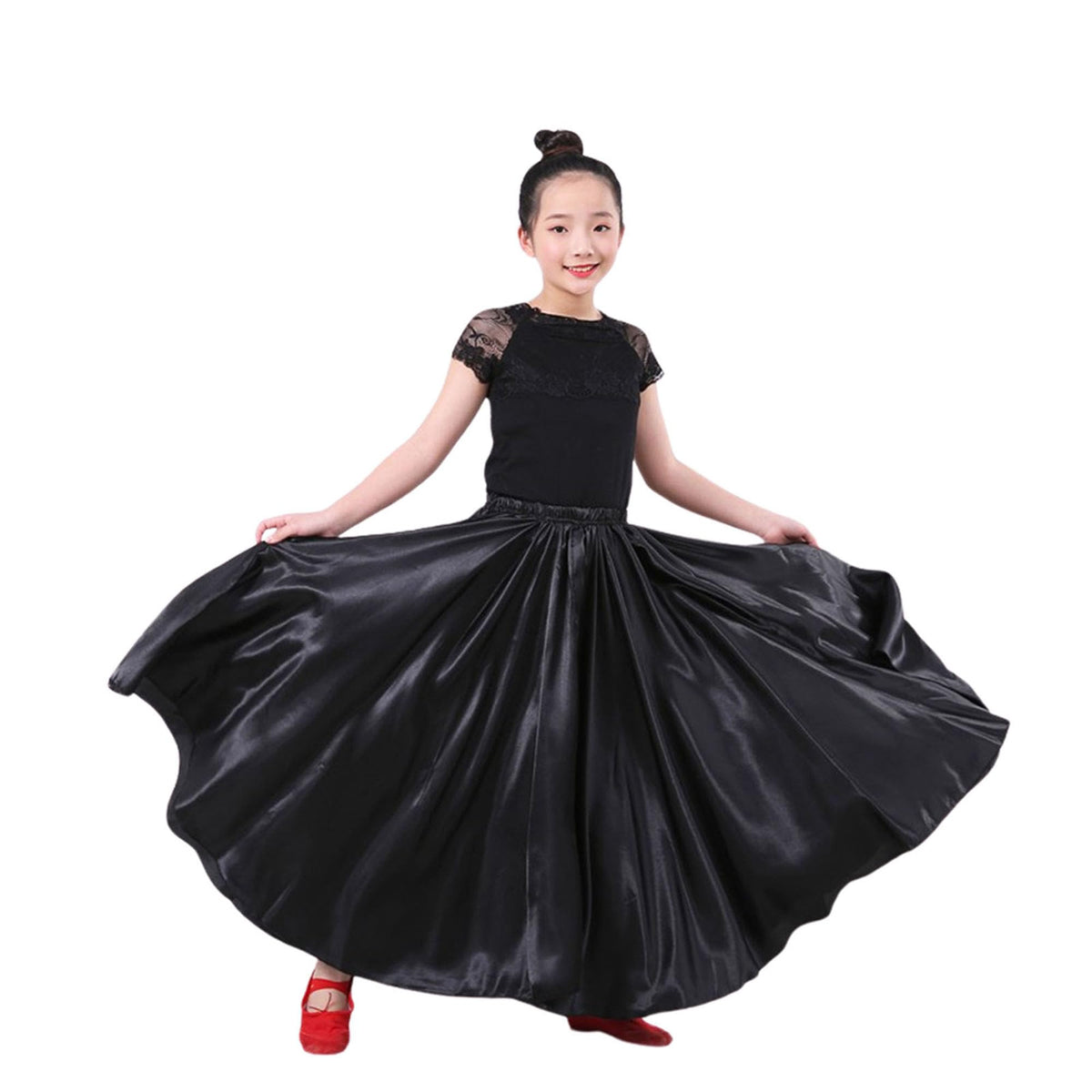 Girls Satin Full Circle Ankle Length Swing Long Skirt Belly Dance Performance Costume for School Children 8-12 Years