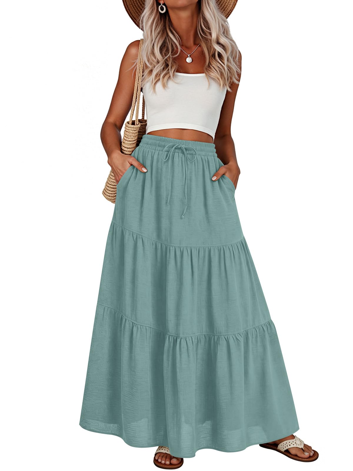 Addtoo Womens Maxi Skirt Pleated Tiered A-Line Elastic Waist Midi Skirt