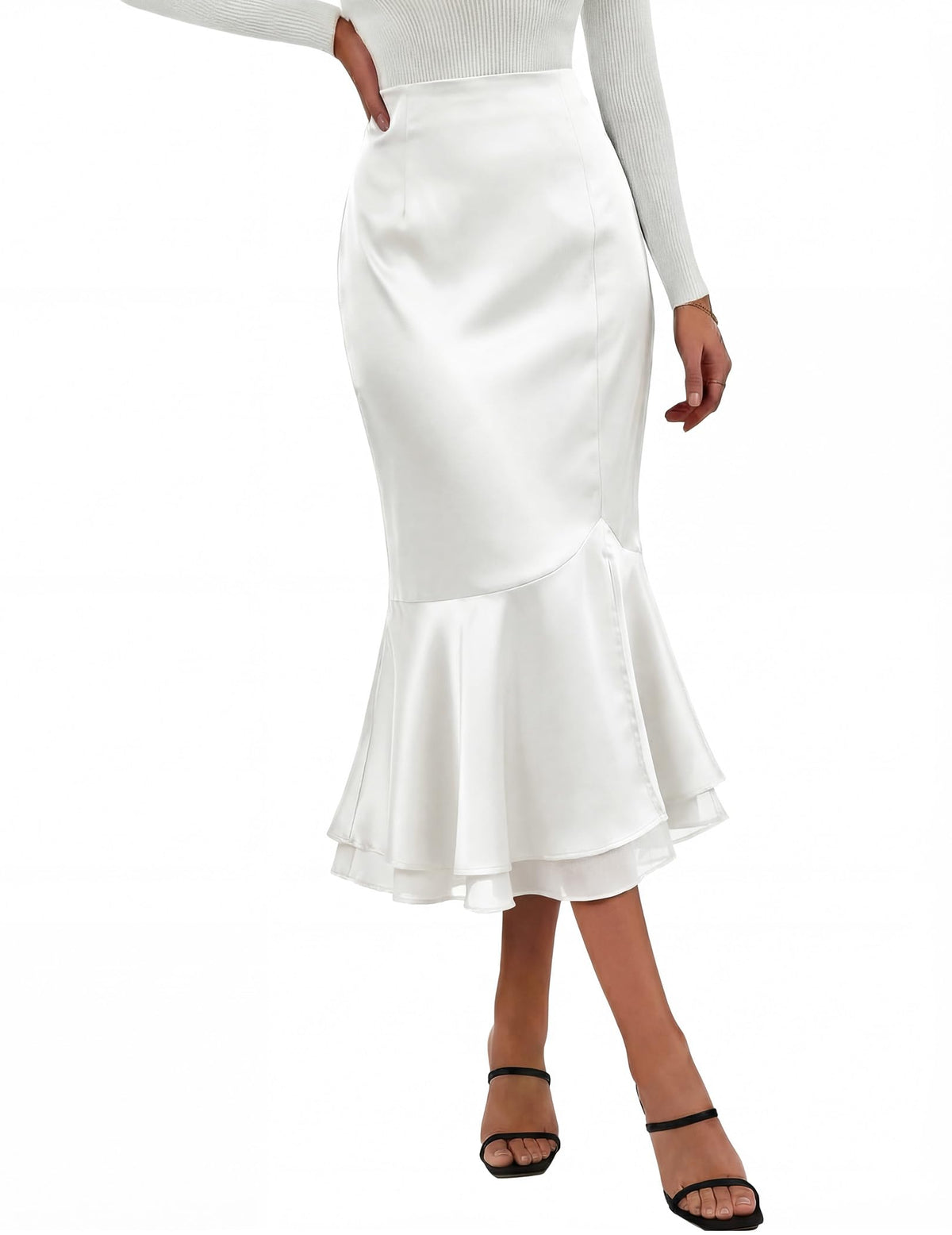 DERAX Womens Satin Silk Mermaid Midi Skirt High Waisted Fishtail Skirts