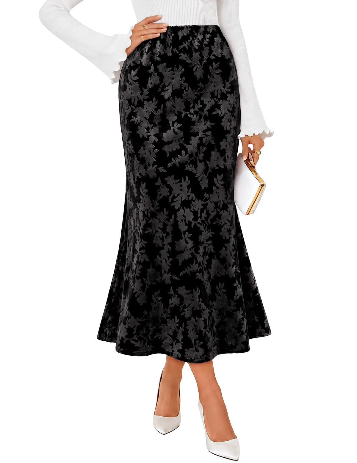MEROKEETY Women's Fall Floral Velvet Maxi Skirt