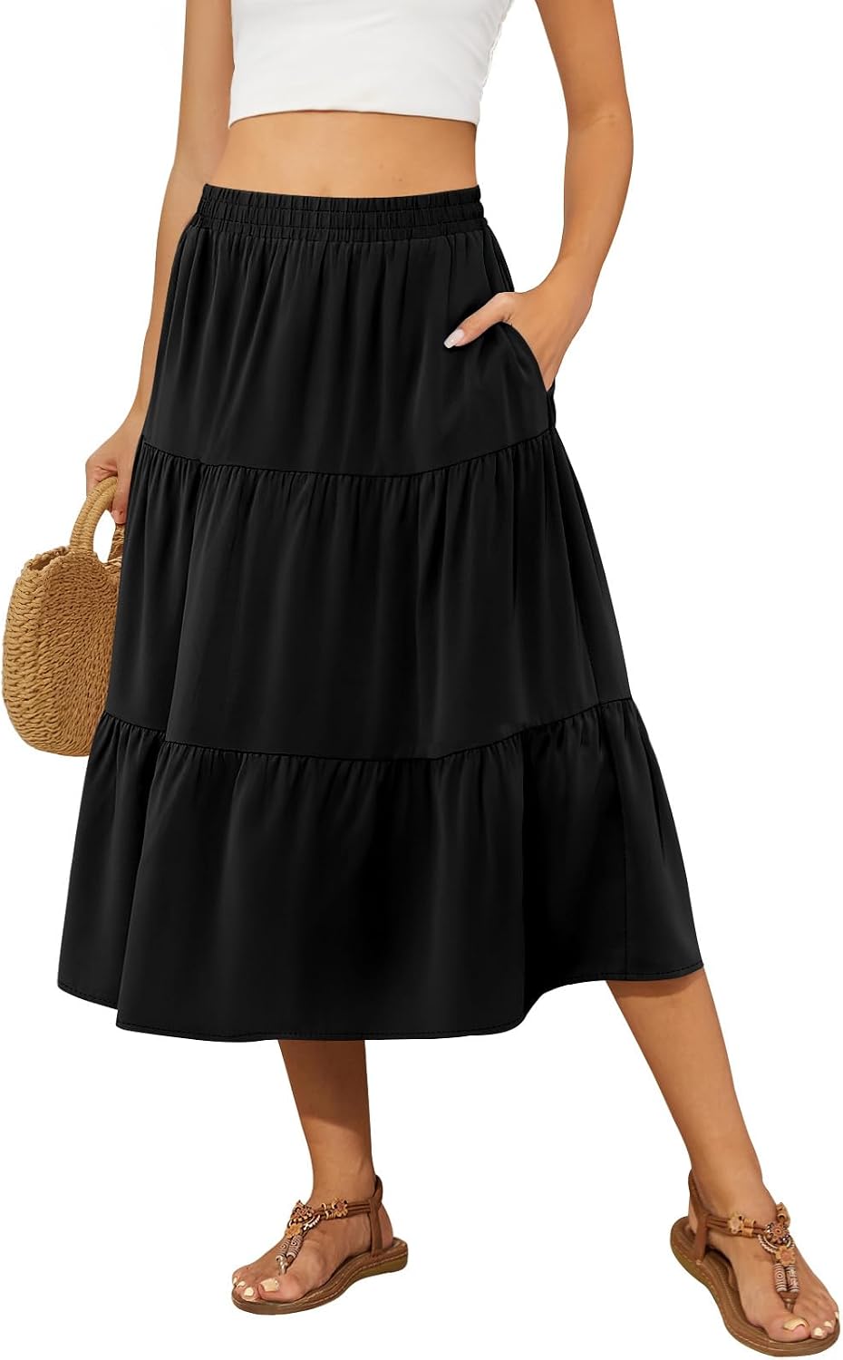 DouBCQ Women's Midi Skirt Flowy Tiered Ruffle High Waist Skirts
